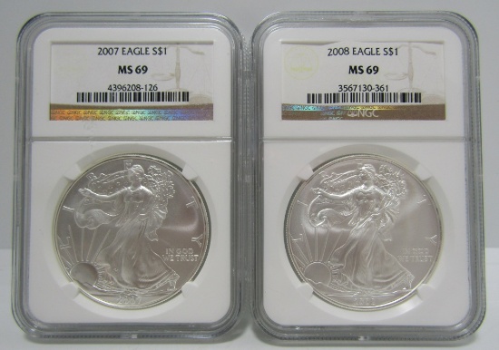 2 SILVER EAGLE DOLLARS 2007 & 2008 MS 69