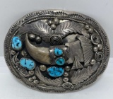 SIGNED GA STERLING BEAR CLAW TURQUOISE BELT BUCKLE