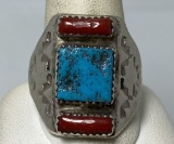SIGNED SIZE 12.5 RED CORAL STERLING TURQUOISE RING