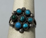 OLD PAWN ZUNI TURQUOISE STERLING FLOWER RING