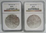 PAIR OF SILVER EAGLES 1998, 2003. NGC MS69