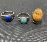 TURQUOISE LAPIS AMBER STERLING RING LOT OF 3