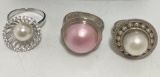 15MM PINK MABE PEARL STERLING RINGS LOT OF 3