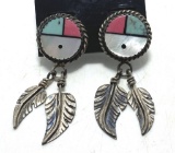 OLD PAWN SUNFACE STERLING FEATHER EARRINGS