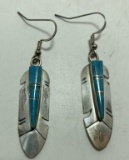 SIGNED YZ TURQUOISE STERLING FEATHER EARRINGS