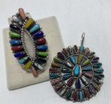 MULTICOLOR NEEDLEPOINT STERLING PENDANT AND RING