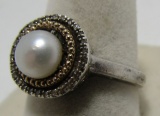 PEARL & 28 DIAMOND RING 14K GOLD & STERLING SILVER