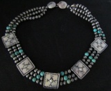 STERLING SILVER TURQUOISE NECKLACE 3 STRAND