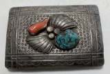 1970S OLD PAWN NAVAJO STERLING CORAL BELT BUCKLE