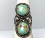 OLD PAWN TWO STONE STERLING TURQUOISE RING