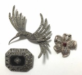 3 STERLING MARCASITE STERLING PINS BROOCHES JJ