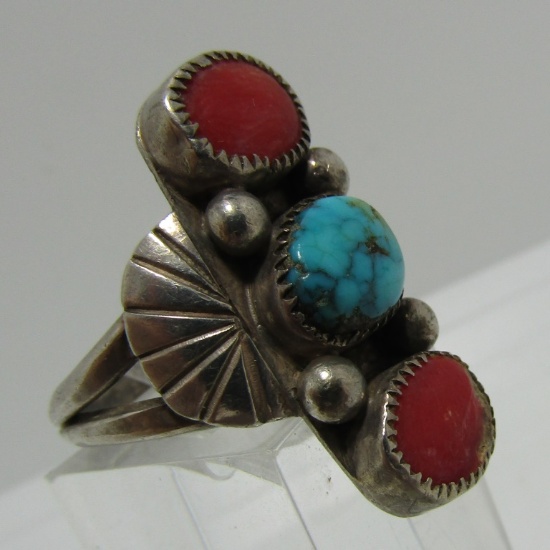 TURQUOISE & CORAL RING STERLING SILVER SIZE 7