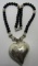 ONYX STERLING SILVER BEAD NECKLACE ENGRAVED HEART