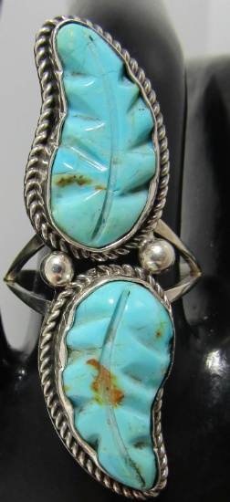 "RW" CARVED TURQUOISE RING STERLING SILVER