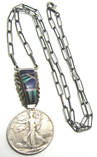 INLAY TURQUOISE SILVER COIN NECKLACE STERLING
