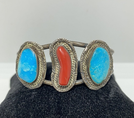 STERLING RED CORAL TURQUOISE NAVAJO BRACELET