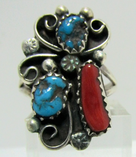 "LMC" TURQUOISE CORAL RING STERLING SILVER SIZE 7