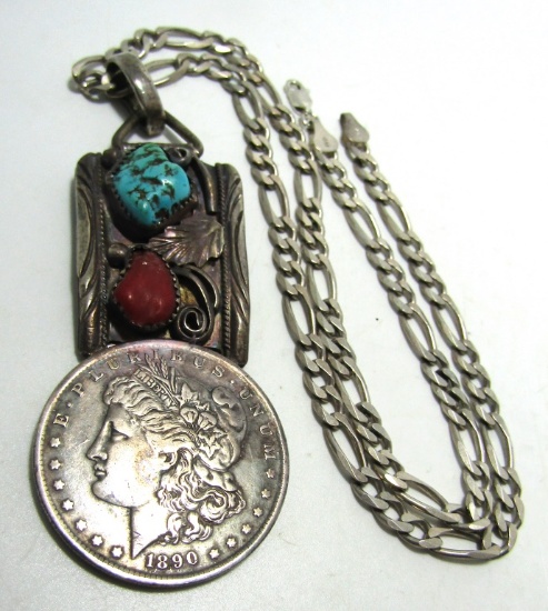 TURQUOISE CORAL1890 US SILVER DOLLAR COIN NECKLACE