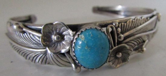 SQUASH BLOSSOM TURQUOISE CUFF BRACELET STERLING
