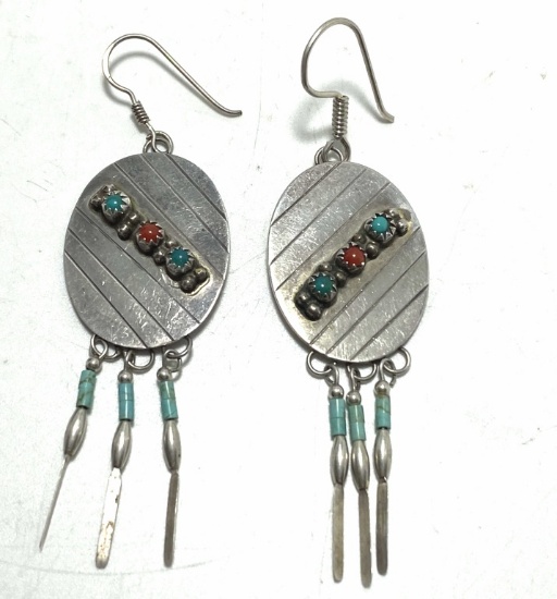 SIGNED D NAVAJO STERLING TURQUOISE CORAL EARRINGS