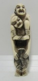 SIGNED CARVED NETSUKE FOSSIL 2 MEN & FISH