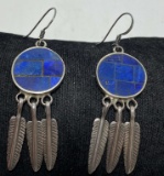 SIGNED STERLING LAPIS INLAID FEATHER EARRINGS