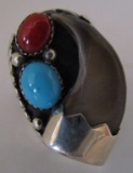 BEAR CLAW TURQUOISE CORAL RING STERLING SILVER