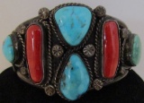 SIGNED RBP TURQUOISE CORAL CUFF BRACELET STERLING