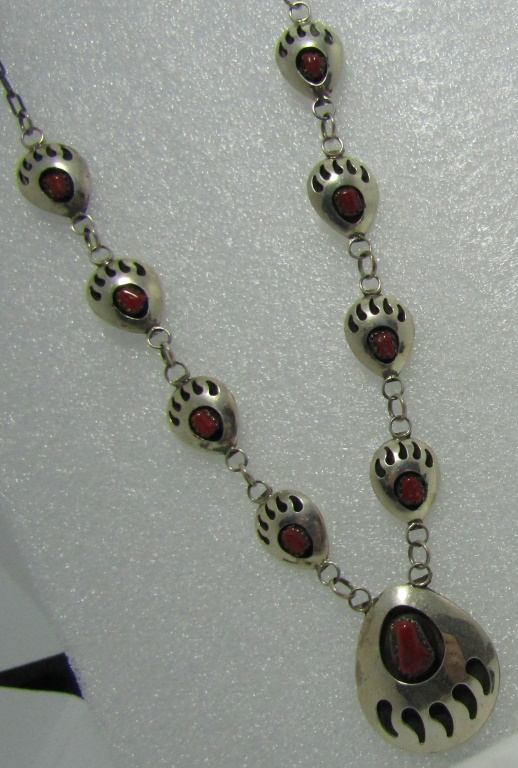 SJ CORAL BEAR CLAW PAW NECKLACE STERLING SILVER