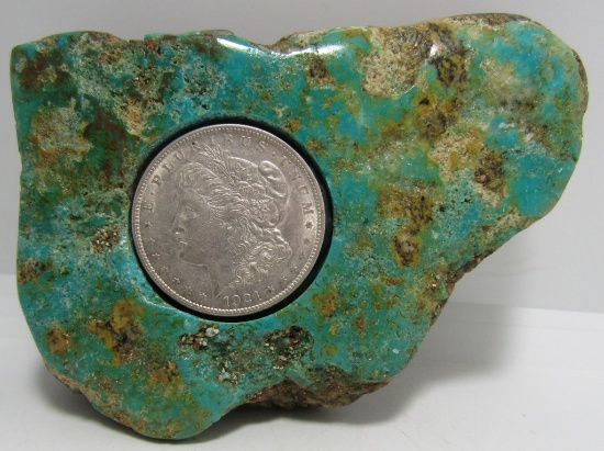 447G TURQUOISE PAPERWEIGHT MORGAN SILVER DOLLAR