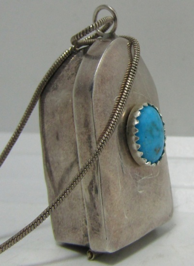 TURQUOISE PILL BOX PENDANT NECKLACE STERLING SILVE