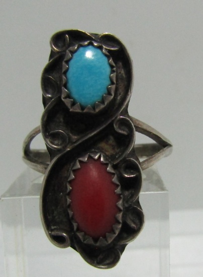 "V" TURQUOISE CORAL RING STERLING SILVER