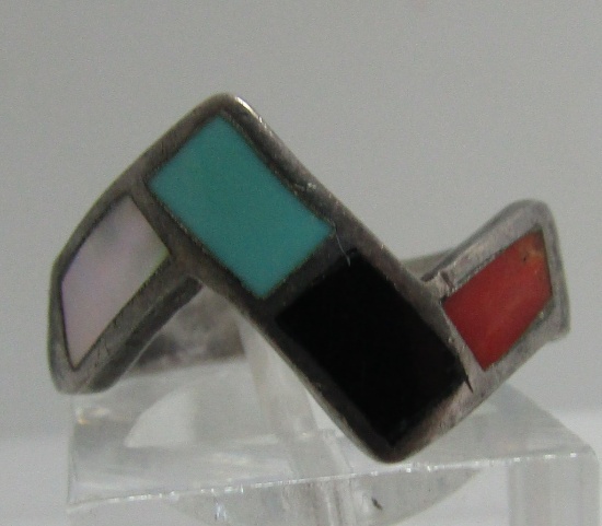 "DP" INLAY TURQUOISE MOP SOS RING STERLING SILVER