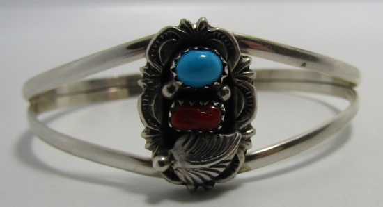 "RB" TURQUOISE CORAL CUFF BRACELET STERLING SILVER