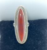 SIGNED ELONGATED RED JASPER STERLING NAVAJO RING