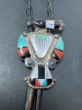 SIGNED J STERLING PEYOTE BIRD TURQUOISE BOLO TIE