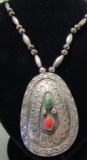 HUGE TURQUOISE & CORAL NECKLACE STERLING SILVER