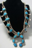 TURQUOISE SQUASH BLOSSOM STERLING SILVER NECKLACE