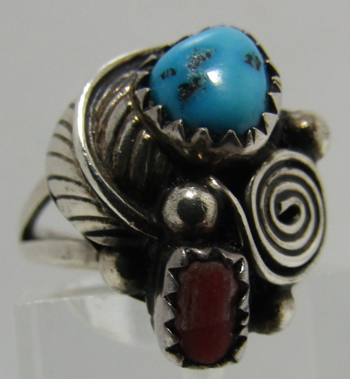 TURQUOISE CORAL RING STERLING SILVER SIZE 5