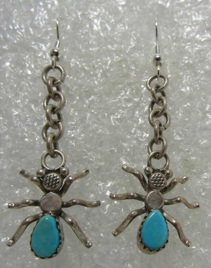 TURQUOISE SPIDER EARRINGS STERLING SILVER DANGLE