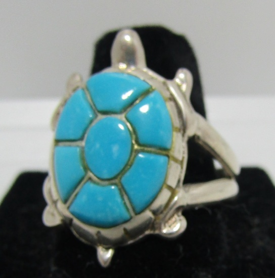TURQUOISE TURTLE RING STERLING SILVER SZ11 INLAY
