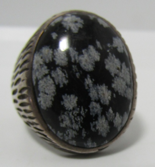 LARGE BLACK MOSSY AGATE RING STERLING SILVER