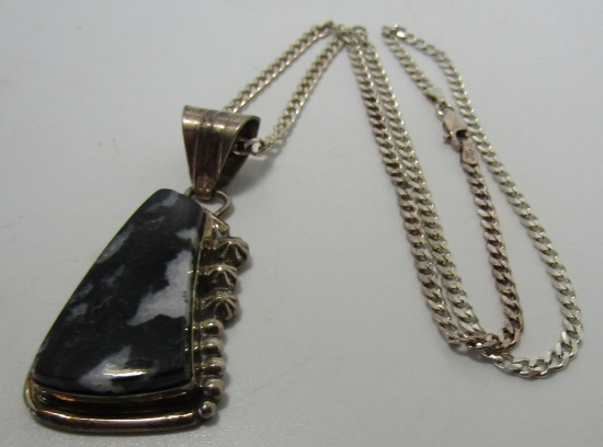 "RB" BLACK MOSSY AGATE NECKLACE STERLING SILVER