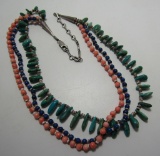 TURQUOISE LAPIS CORAL NECKLACE STERLING SILVER