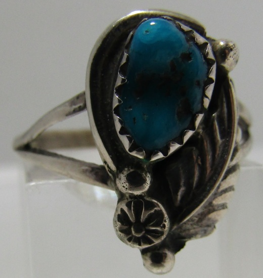 SQUASH BLOSSOM TURQUOISE RING STERLING SILVER SZ8