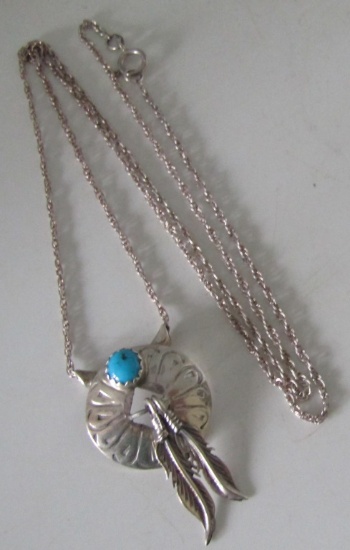 TURQUOISE CONCHO FEATHER NECKLACE STERLING SILVER