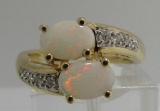 2 OPAL & 8 DIAMOND RING 14K GOLD SIZE 6