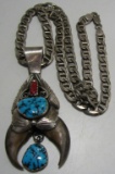 2 BEAR CLAW TURQUOISE CORAL NECKLACE STERLING SILV