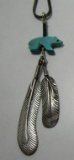 BEAR TURQUOISE FEATHER NECKLACE STERLING SILVER