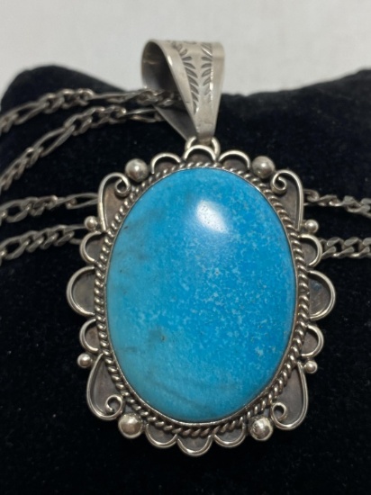 2.5" STERLING NAVAJO TURQUOISE PENDANT NECKLACE